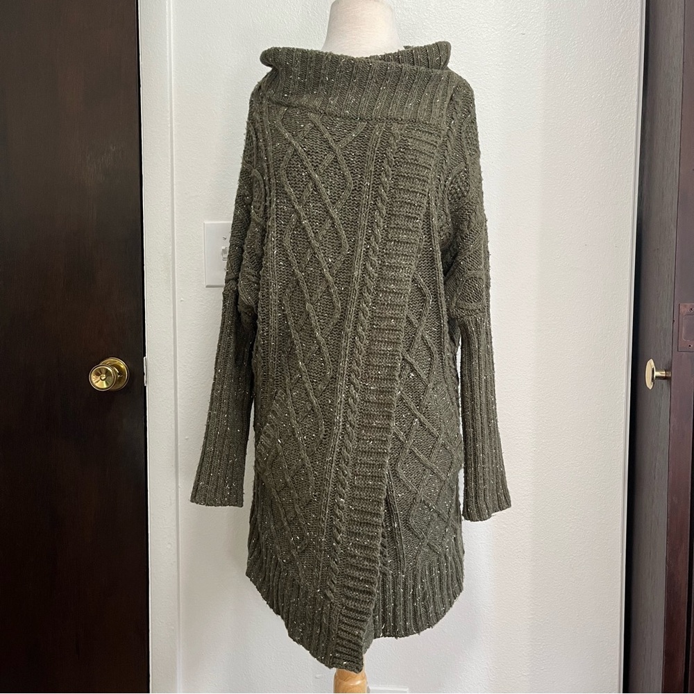 Prana Sweater Small Chunky Turtleneck Cable Knit Olive Green Cardigan Lagenlook